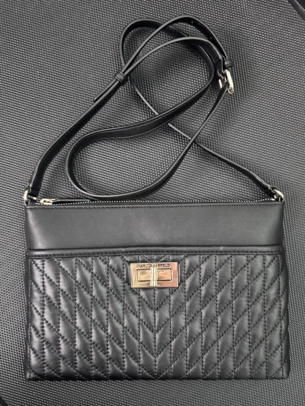 Karl Lagerfeld Paris Agyness Quilted Leather Slim Crossbody Bag Black Gold NWOT